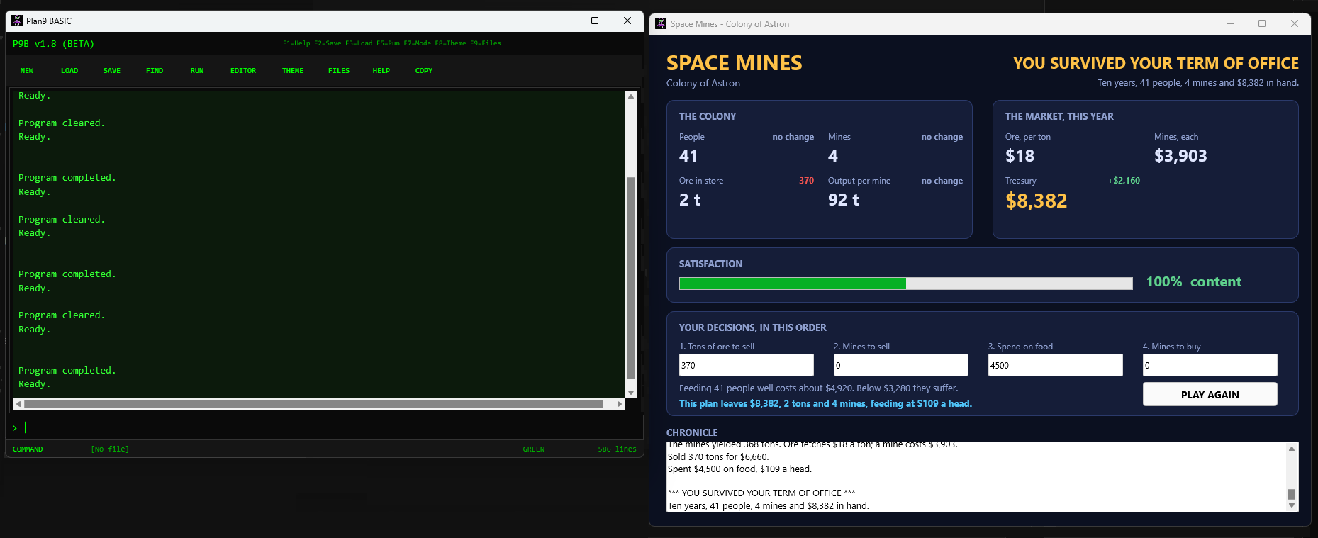The Plan9Basic IDE beside the Space Mines applet it is running