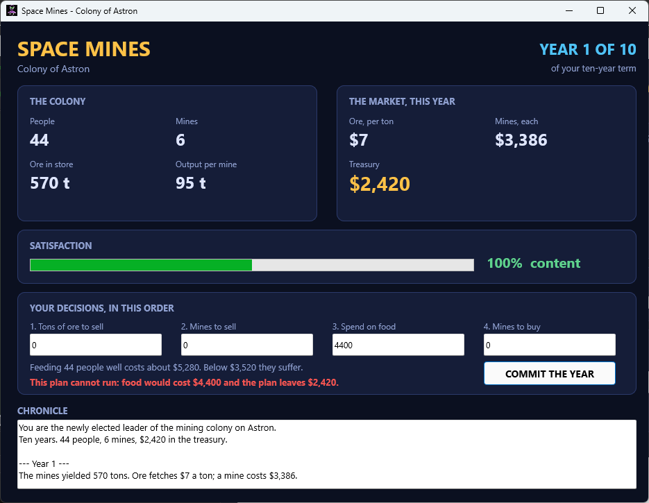 Space Mines at year one, refusing a food budget the treasury cannot cover