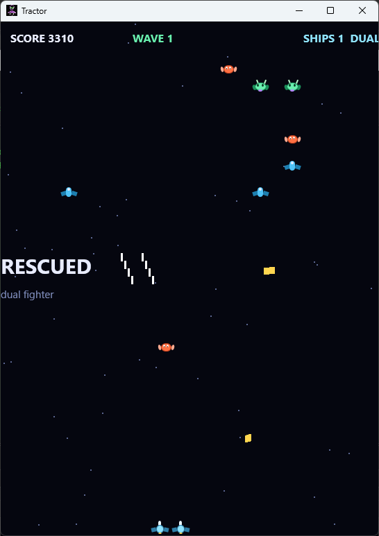 Tractor: RESCUED, and two fighters flying side by side